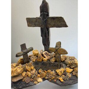 Handmade Stone Cross Religious "He has Risen" Sculpture OOAK 8"x7"x3 .5"